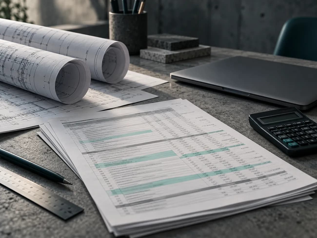 Rolled-up drawings, a printed construction estimate with marked line items and a calculator on a concrete table