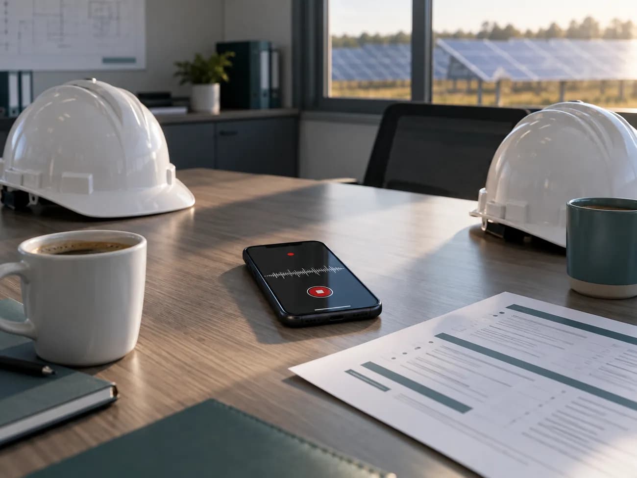 Mobile phone recording a site meeting on the table, with white hard hats and a solar plant in the background
