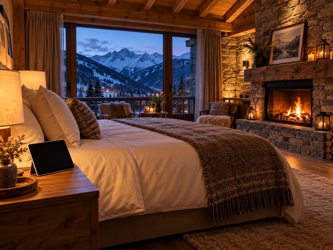 Mountain hotel room with a lit fireplace and a tablet on the bedside table
