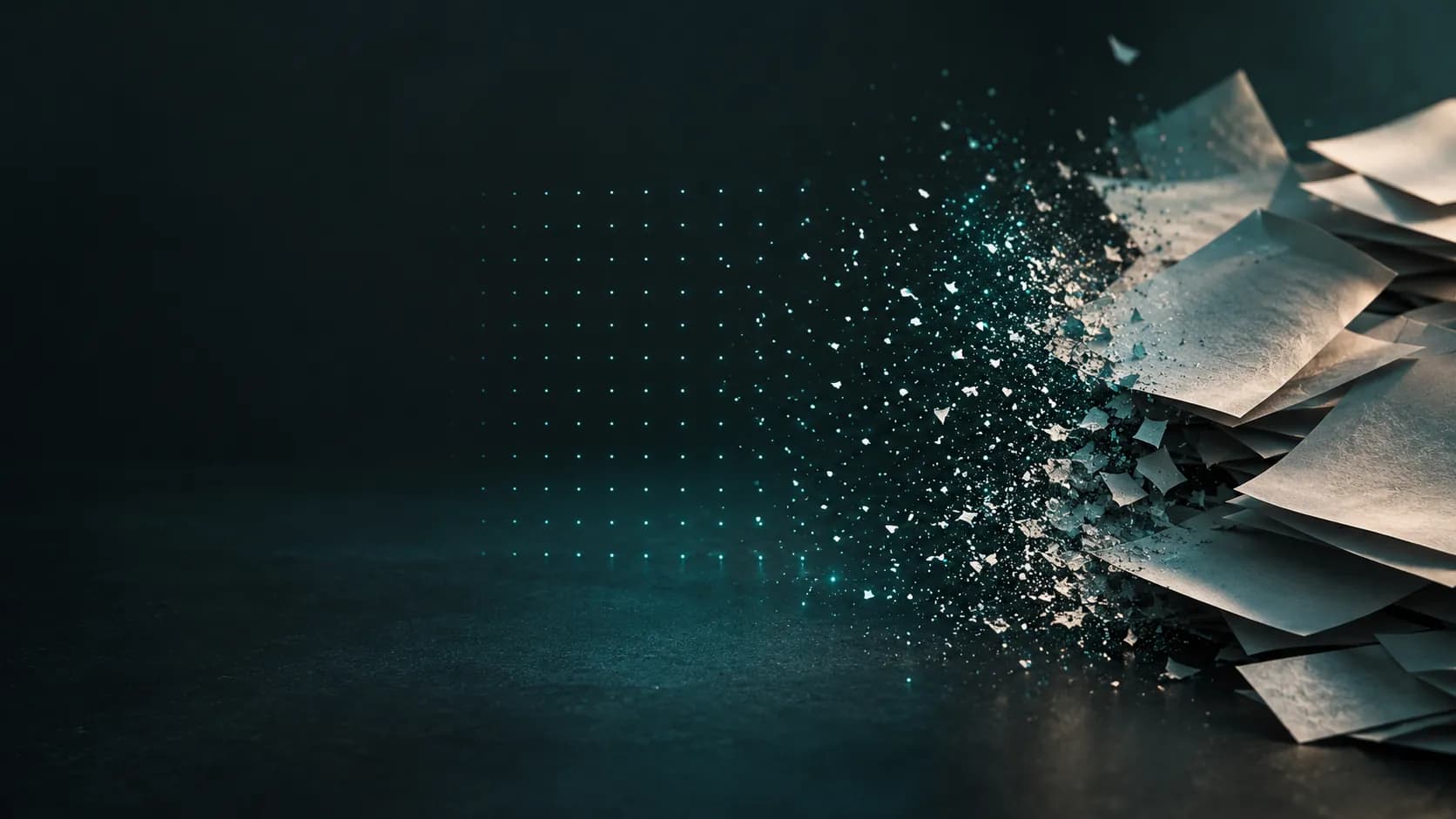 Sheets of paper dissolving into data particles