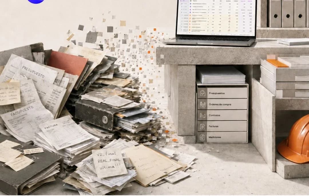 Piles of estimates, invoices and folders turning into data and ending up neatly filed in binders and on a laptop