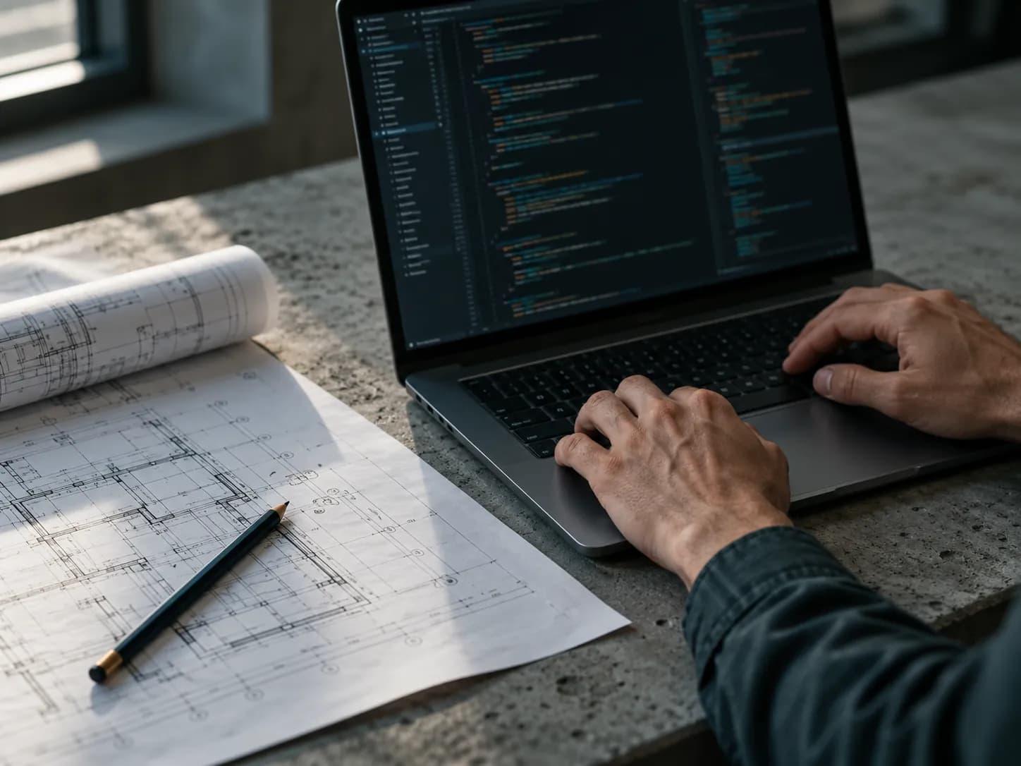 Hands of an engineer coding on a laptop next to construction drawings